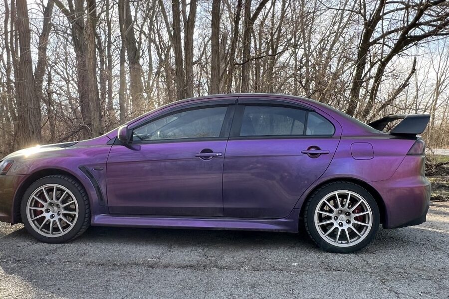 Purple color-shift wrapped Mitsubishi Evo