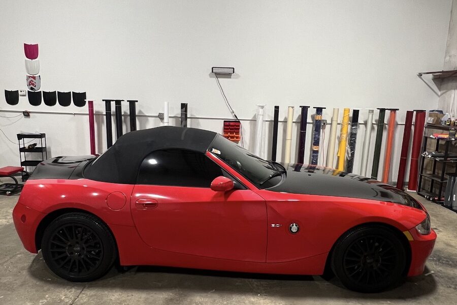 Red BMW Z4 in the Picasso Garage shop